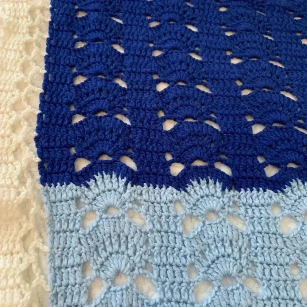 Afghan Crochet Blanket Size 54”x38” Ivory Blue Purple Lacy Edge Hand Crafted New